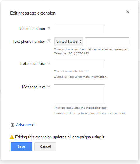 Adwords message extension setup